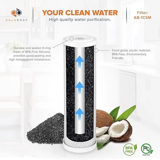 Aquaboon 5 Micron 10 x 2.5 Carbon Block Water Filter Cartridge CTO Whole House Water Filter Replacement Compatible with WHKF-WHWC, FXWTC, 3-PACK