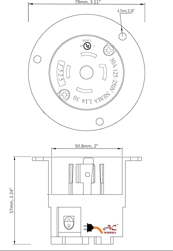 AC WORKS [ASINL1430P 30-Amp 125/250-Volt NEMA L14-30P Flanged Power Input Inlet