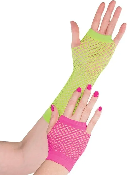 Amscan 80's Punk Neon Pink & Green Fingerless Fishnet Long & Short Gloves