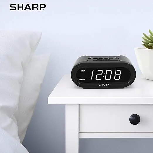 Sharp Digital Alarm with AccuSet - Automatic Smart Clock, Never Needs Setting (Midnight Black-White LED)