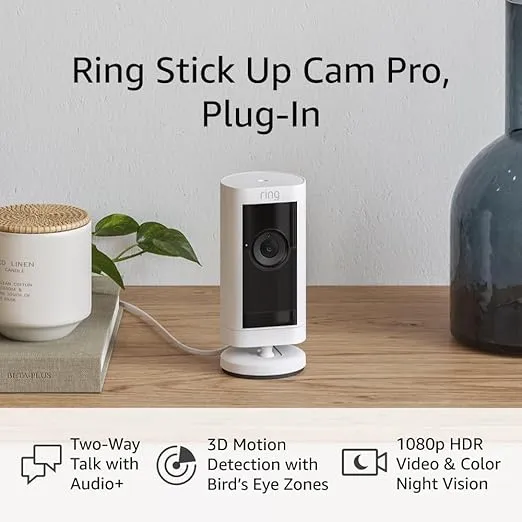 Ring Stick Up Cam Pro Plug-In | Two-Way Talk with Audio+, 3D Motion Detection with Bird’s Eye Zones, and 1080p HDR Video & Color Night Vision (2023 release), White