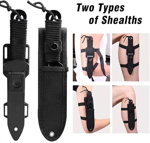 Dive Knife - Diving Knife with holster, Thigh Scuba Knife with 2 Types Sheath 2 Pairs Leg Straps, Black Premium Divers Knives Shears for Outdoor Spearfishing, Snorkeling