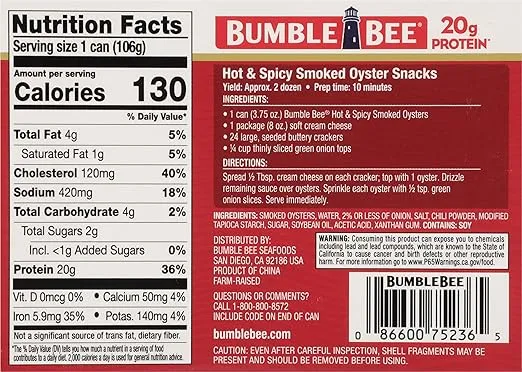 Bumble Bee Hot & Spicy Hardwood Smoked Oysters, 3.75 oz Tin - 20g Protein per Serving, Gluten Free, Keto