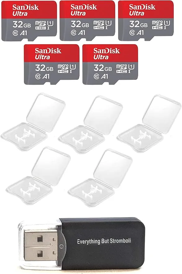 SanDisk Ultra 32GB Micro SD SDHC Memory Flash Card (5 Pack) UHS-I Class 10 SDSQUAR-032G-GN6MN Wholesale Lot Bundle with 5 Plastic Jewel Cases and Everything But Stromboli Card Reader