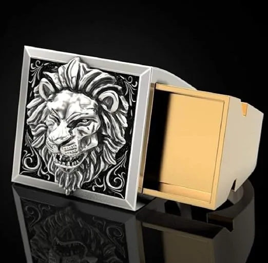 Men's Lion Ring Roaring Lion Head Vintage Engraved Carved Band Rings with Mini Hidden Storage Box Design Hip Hop Party Two Tone Jewelry Unique Gift For Men Biker Rapper Size 7-12