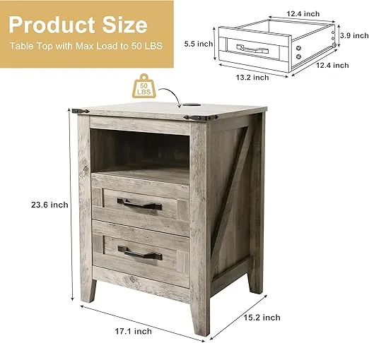 Farmhouse Nightstand with Charging Station, Bedside Table with 2 Drawers, Rustic Bedroom End Tables, Wood Nightstand for Bedroom Living Room. Light Rustic Oak