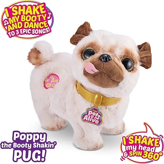 Pets Alive Poppy The Booty Shakin’ Pug – Interactive Dancing Plush Puppy by ZURU Robotic Realistic Soft Dog Stuffed Animal Toy for Kids, Girls