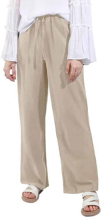 utcoco Women's Cotton Linen Drawstring High Waisted Pants Casual Loose Fit Wide Leg Trousers