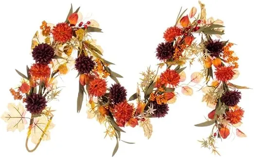 Vickerman 5' Orange and Burgundy Artificial Mixed Mum, Chinese Lantern, and Berry Garland.