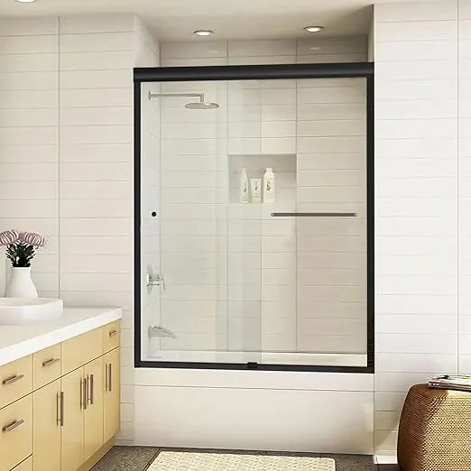 Bypass Sliding Glass Tub Shower Door Sorrento Lux Series Adjustable 56"-60" Width 62" Height - Semi-Frameless Matte Black Finish - Smart Guard Easy Clean Coating 5/16" (8mm) Tempered Glass