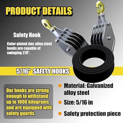 Block and Tackle 4400LBS Breaking Strength Heavy Duty Pulley, 65 Ft Rope Pulley, 7:1 Lifting Power Pulley System, Pulley Hoist with 2 Pcs 8 Ft Lift Sling(Black)
