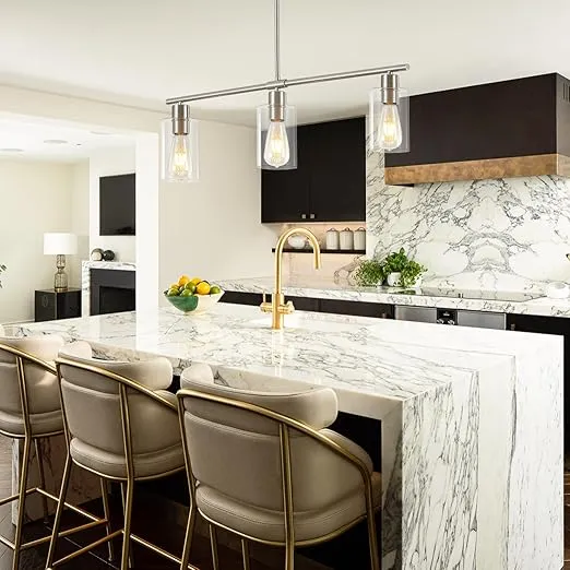 Kitchen Island Lighting, 3 Lights Dining Room Chandelier with Glass Shades, Hanging Over Island Lighting Fixture,Silver Farmhouse Chandeliers for Dining Room