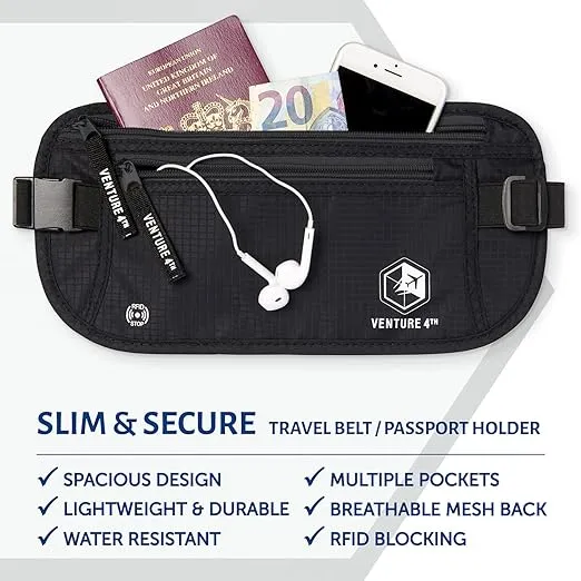 VENTURE 4TH Travel Money Belt - Slim Passport Holder RFID Blocking Travel Pouch to Protect Cash, Credit Cards and Travel Documents