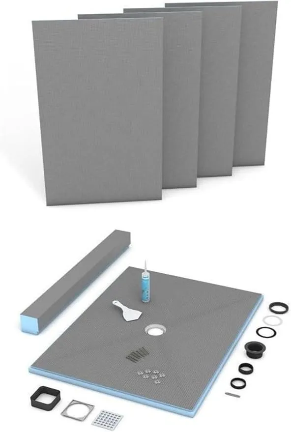Wedi US2000013 Fundo Primo 42 In x 60 In Shower Kit, Waterproof Board Installation System with Central Square Drain Grate Assembly, Prefabricated Sloped Shower Base (Shower Tray) and Lean Shower Curb