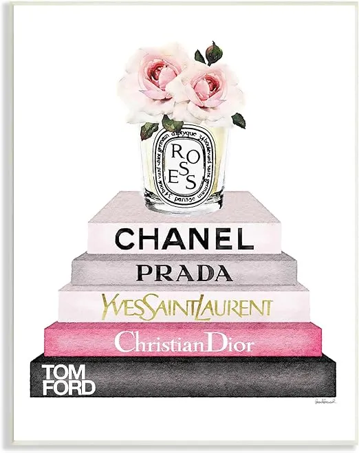 The Stupell Home Decor Collection Book Stack Fashion Candle Pink Rose