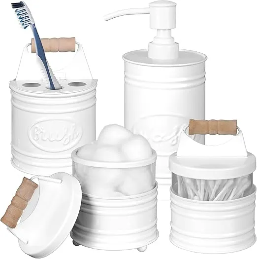 Autumn Alley Rustic Bathroom Accessories Set 4 - White Farmhouse Soap Dispenser, Rustic Toothbrush Holder, 2 Apothecary Jars Qtip Holder - Rustic Bathroom Decor – Farmhouse Bathroom Accessories