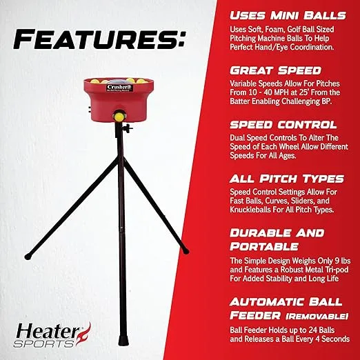 Heater Sports Crusher Pitching Machine – Pitches Fastballs & Curveballs | Accurate, Adjustable, Compact & High Performance | Includes 1 Dozen White Mini Balls, Ideal for Baseball & Softball Training