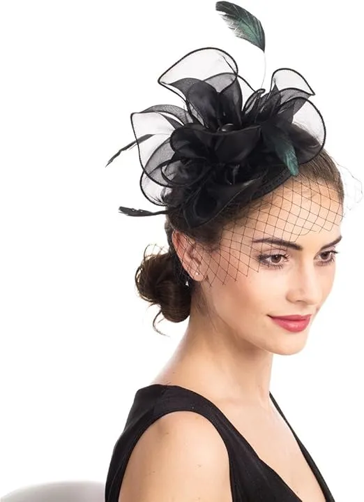 SAFERIN Women's Fascinators Feathers Tea Party Hat Veil Headband with Hair Clip for Cocktail Church…