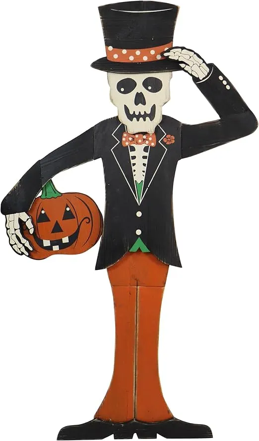 Haunted Hill Farm 46-in. Skeleton Holding a Carved Pumpkin Wood Yard Stake for Halloween Decoration, Unique Halloween Yard Decorations for Sidewalk, Porch, and Flowerbed
