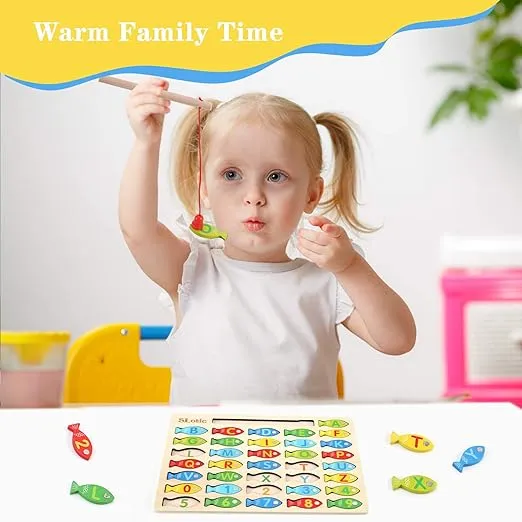 Slotic Magnetic Wooden Fishing Game Toy for Toddlers - Alphabet ABC Fish Catching Counting Learning Education Math Preschool Board Games Toys Gifts for 3 4 5 Years Old Girl Boy Kids