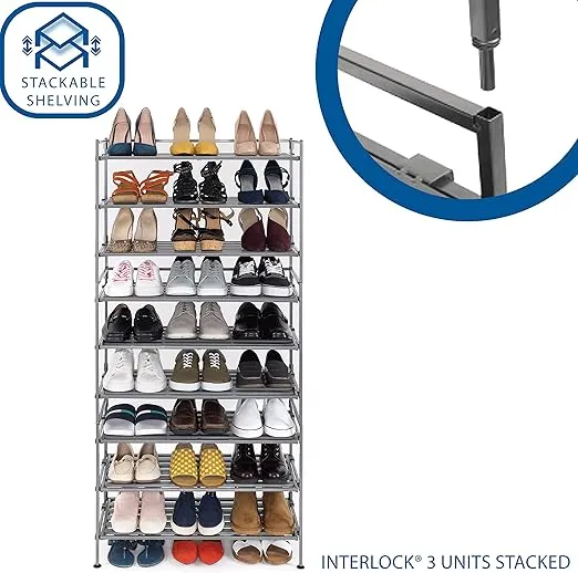 Seville Classics Sturdy Freestanding Storage Shelf for Bedroom, Closet, Entryway, Dorm Room Organizer Stackable Durable Metal Shoe Rack Ash Gray Slat, 3-Tier