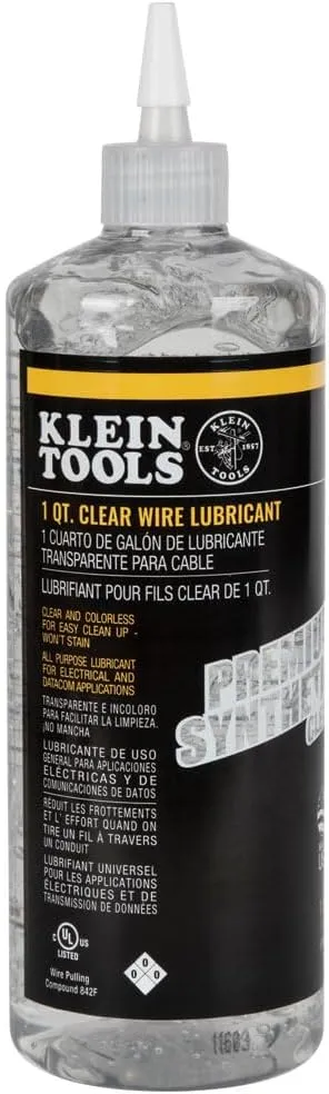 Klein Tools 51028 Premium Synthetic Clear Electrical Cable Lubricant, 1-Quart Squeeze Bottle, Made in USA