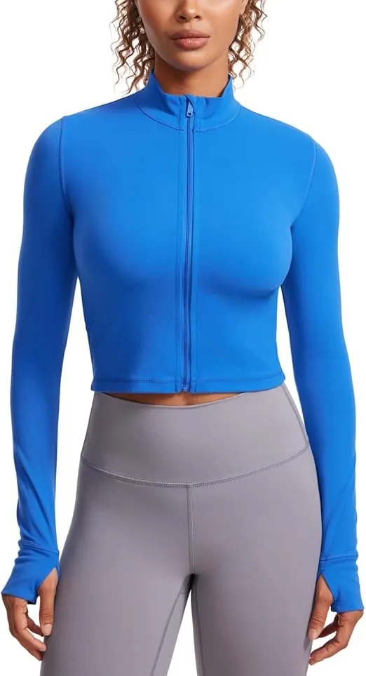 CRZ YOGA Womens Butterluxe Full Zip Cropped Workout Jackets Slim Fit Lightweight Athletic Yoga Jacket with Thumb Holes