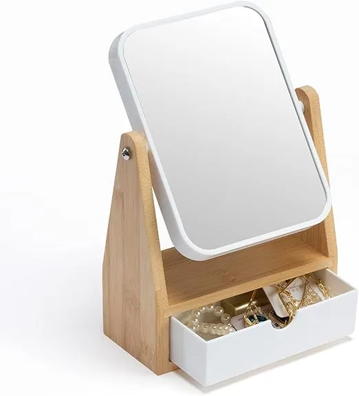 YEAKE Vanity Makeup Mirror with Storage, 1X/3X Double Sided Magnifying Mirror with Adjustable Natural Bamboo Stand,Portable Small Table Desk Countertop Mirror, Bathroom Shaving Mirror(Rectangular)