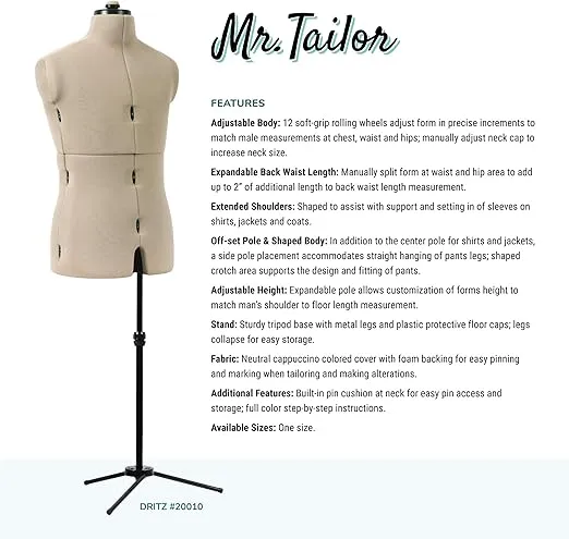 Dritz Mr. Tailor Adjustable Dress Form, Male, Black