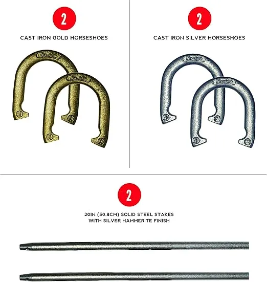 Franklin Sports Horseshoes Sets - Metal Horseshoe Game Sets for Adults + Kids - Official Weight Steel Horseshoes - Beach + Lawn Horseshoes Sets - Sets Include (4) Horseshoes and (2) Ground Stakes
