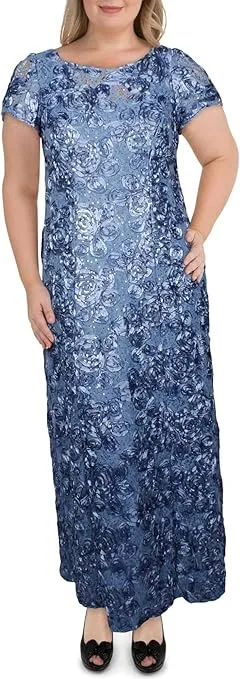 Alex Evenings Women's Long Rosette Mother of The Bride Dress with Short Sleeves, Formal Gown, Wedding Guest (Plus Size)