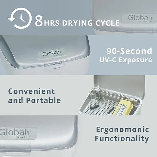 Global II by Dry & Store | Electric Hearing Aid Dehumidifier with UV-C Lamp Sanitizer