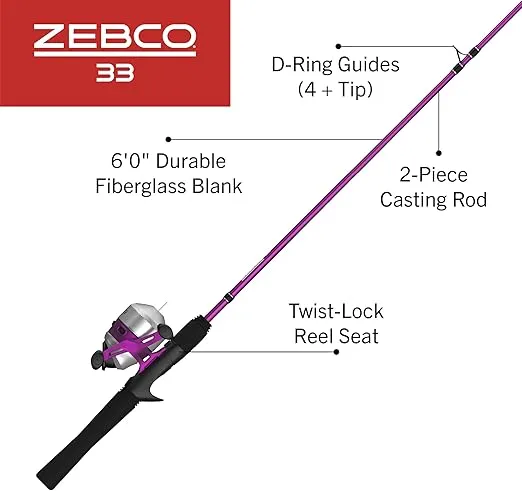 Zebco 33 Spincast Reel and 2-Piece Fishing Rod Combo, Comfortable EVA Handle, Quickset Anti-Reverse Fishing Reel with Bite Alert