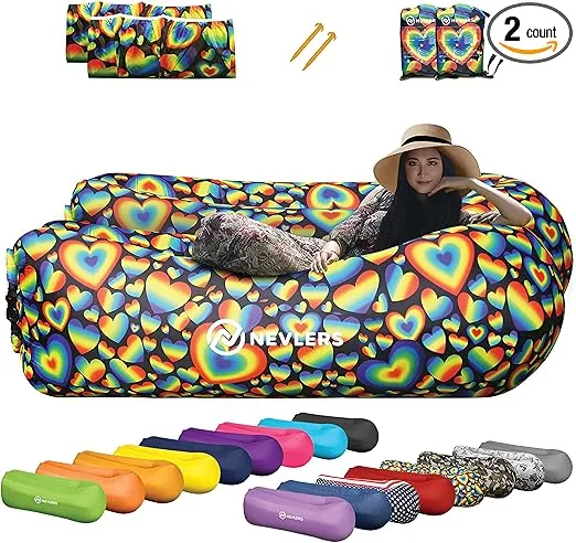 Nevlers 2 Pack Inflatable Loungers Air Sofa Couch | Perfect for Beach Chair Camping Chairs or Portable Hammock |Travel Bag Pouch, Pegs & 3 Pockets| Movie Seating & Camping Accessories Blow Up Lounger