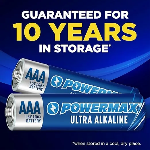 Powermax 24-Count AAA Batteries, Ultra Long Lasting Alkaline Battery, 10-Year Shelf Life, Reclosable Packaging