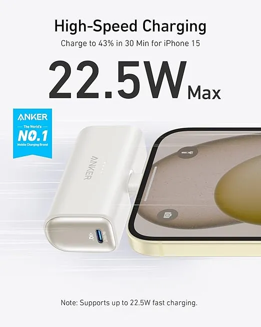 Anker iPhone 16 Portable Charger, Nano Power Bank with Built-in USB C Connector, 5,000mAh Portable Charger 22.5W, for iPhone 16/15 Series, Samsung S22/23 Series, iPad Pro/Air, AirPods, and More
