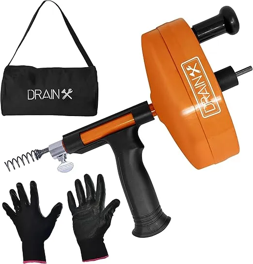 DrainX Power Pro 25-FT Steel Drum Auger Plumbing Snake with Drill Attachment | Drain Snake for Manual or Powered Use | Heavy Duty Drain Cleaning Cable with Work Gloves and Storage Bag Included