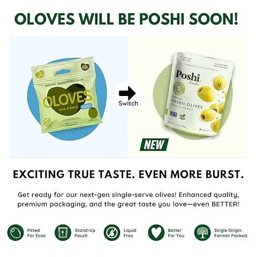 OLOVES Green Pitted Olives | Basil & Garlic | Vegan, Kosher, Gluten Free + Keto Friendly, Fresh, Low Calorie Healthy Snacks | (30 Pack, 1.1oz Bags)