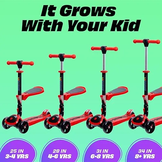 Kick Scooters for Kids Ages 3-5 (Suitable for 2-12 Year Old) Adjustable Height Foldable Scooter Removable Seat, 3 LED Light Wheels, Rear Brake, Wide Standing Board, Outdoor Activities for Boys/Girls
