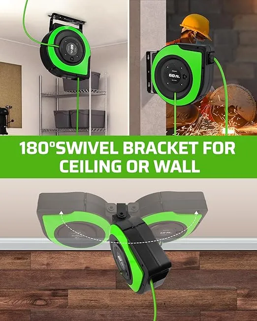 DEWENWILS Retractable Cord Reel, 60FT Heavy Duty Extension Cord, 12AWG/3C SJTOW, 3 Grounded Outlets Lighted Triple Tap, 15A Circuit Breaker, Wall/Ceiling Mounted for Garage, Workshop, UL Listed, Green