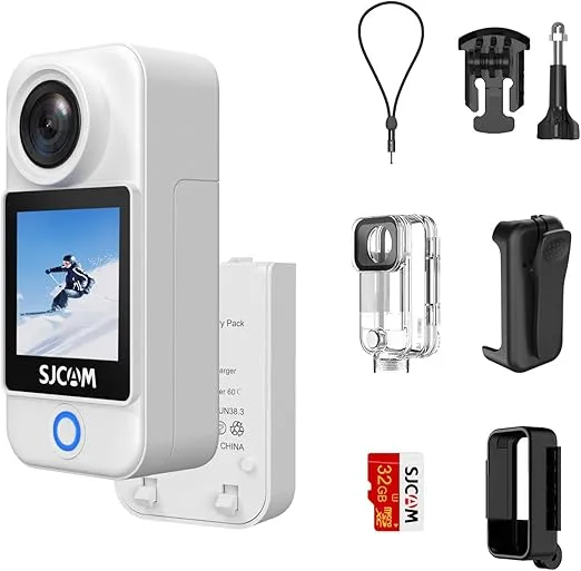 SJCAM C300 Pocket Action Camera,4K Body Camera, Stabilization, Waterproof, Touch Screen, Wearable POV Camera, Removable Dual Battery, with Helmet Mount Kits, White