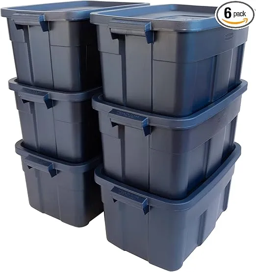 Rubbermaid Roughneck Tote 14 Gal, 6 Pack, Made in USA, Dark Indigo Metallic, Rugged Plastic Stackable Storage Bins with Lids and Handles