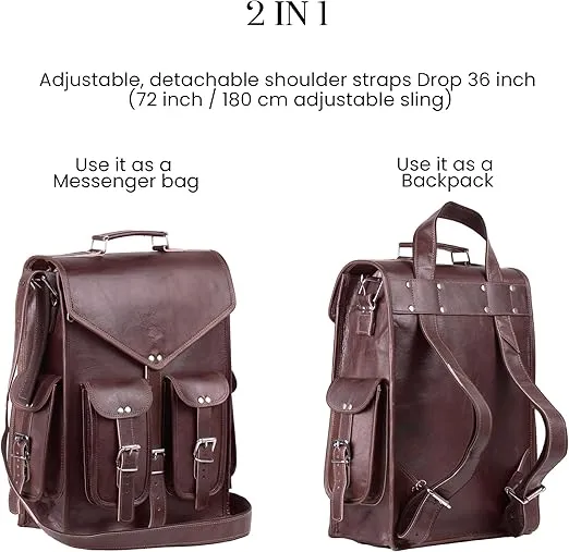 Handmade World Brown Vintage Leather Backpack Laptop Messenger Bag Rucksack Sling for Men Women (12" x 16")