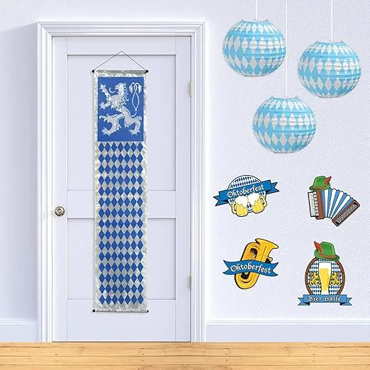 Beistle Oktoberfest Paper Lanterns, 9-1/2-Inch, Blue/White