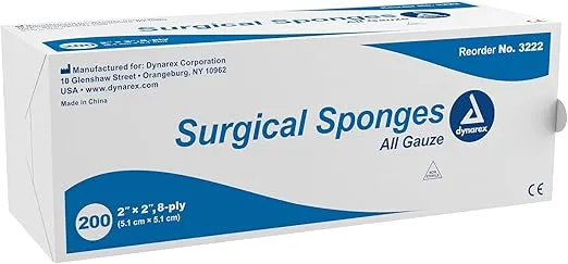 Dynarex Surgical Gauze Sponges- Absorbent Cotton Fabric With Folded Edges - Soft, Durable, Non-Sterile Dressing - 2x2", 8-Ply - Sleeve of 200 Sponges