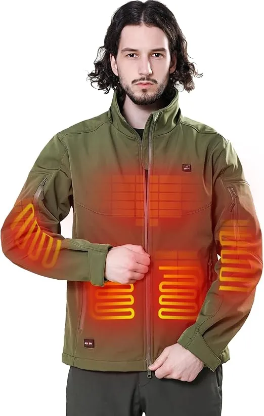 DEWBU Soft Shell Heated Jacket for Men with 12V Battery Pack and Detachable Hood Outdoor Electric Heating Coat