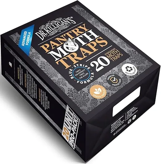 Dr. Killigan's Premium Double Potent Pantry Moth Traps with Pheromones Prime, Sticky Indian Meal Moth Traps for Kitchen, How to Get Rid of Moths in House, Organic Moth Pheromone Traps (20 Pack, Black)