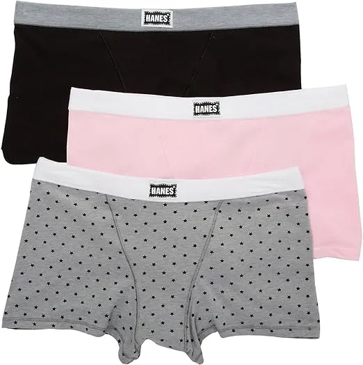 Hanes Women's Original Stretch Vintage Boxer Brief - 3 Pack, 45VOBB, Pink/Black/Pattern, S