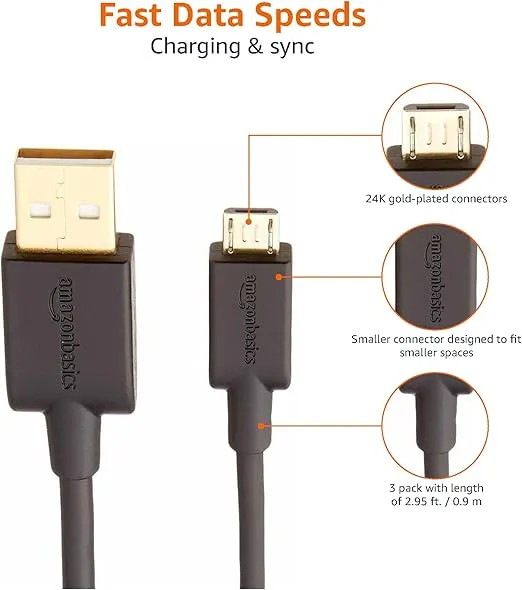 Amazon Basics 3-Pack USB-A to Micro USB Fast Charging Cable, 480Mbps Transfer Speed with Gold-Plated Plugs, USB 2.0, 3 Foot, Black