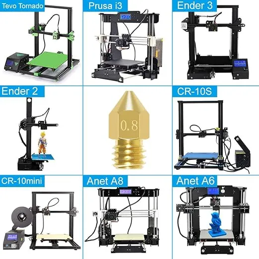 Aokin 8 Pcs 0.8mm MK8 Extruder Nozzles 3D Printer Nozzles for Creality Ender 3/3 Pro/3 V2, Ender 5/5 Pro, CR-10/10S, Makerbot, Anet A8 3D Printer
